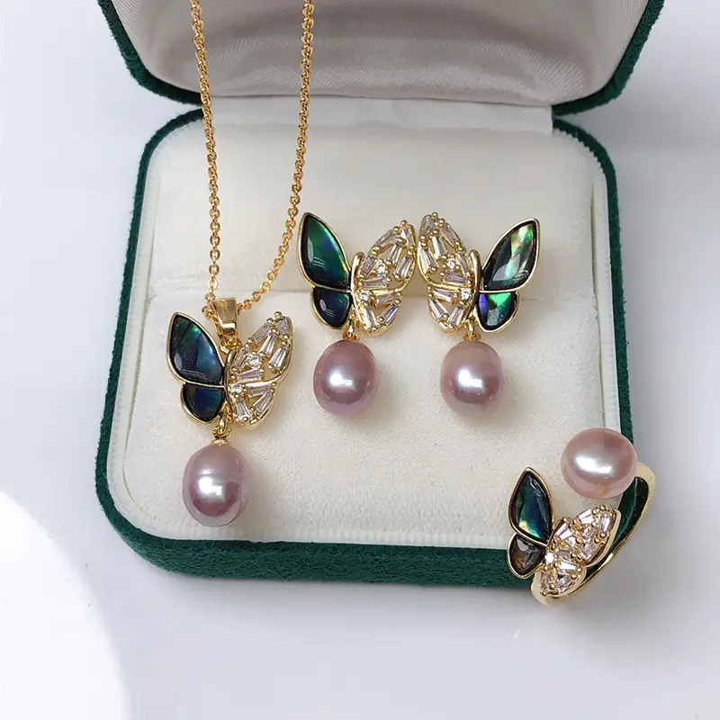 Feminine Pearl Butterfly Necklace Earrings Set - Image 4