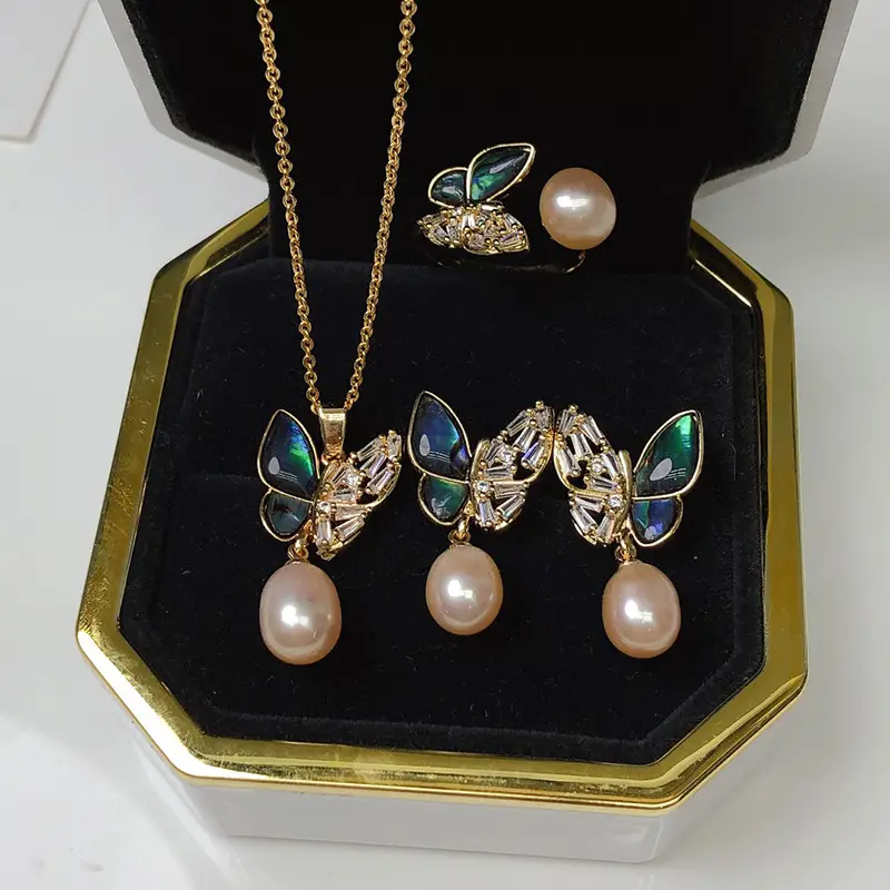 Feminine Pearl Butterfly Necklace Earrings Set - Image 5