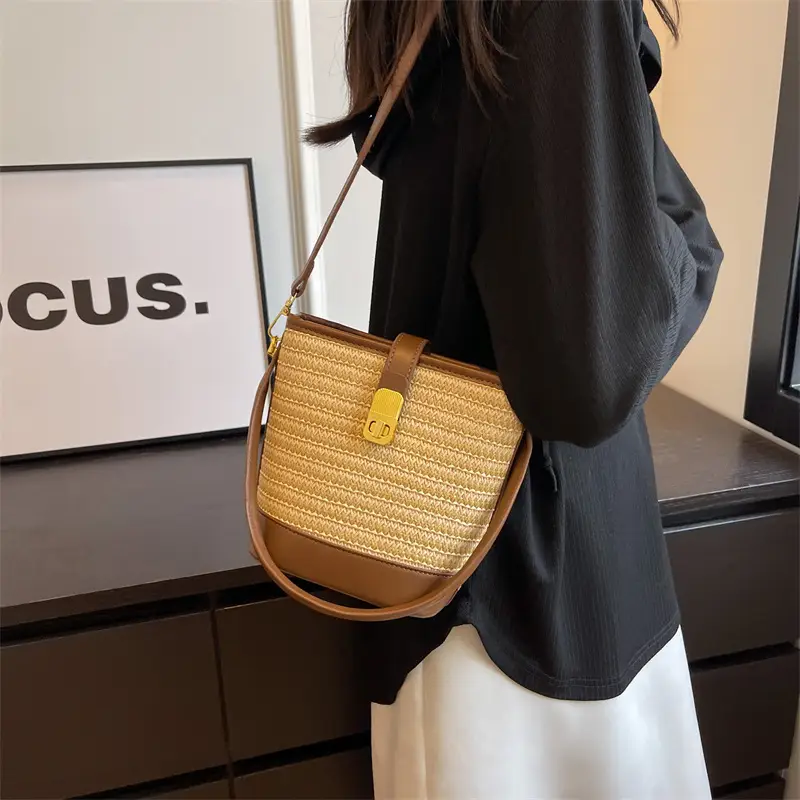 Women Straw Bag Brown Gold Plated Single Shoulder - Image 7