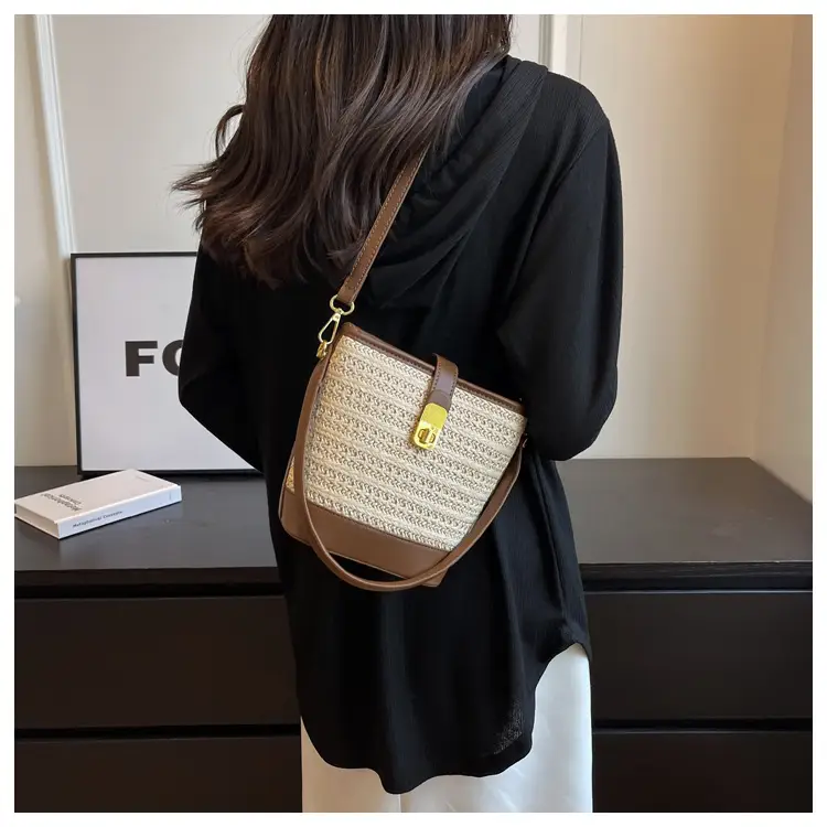 Women Straw Bag Brown Gold Plated Single Shoulder — feature 14