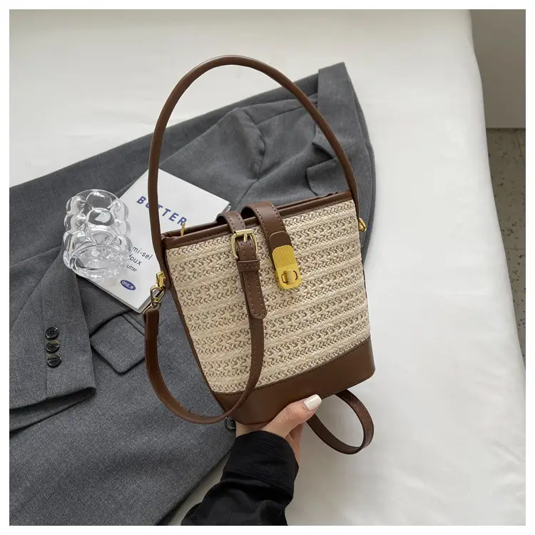 Women Straw Bag Brown Gold Plated Single Shoulder — feature 33