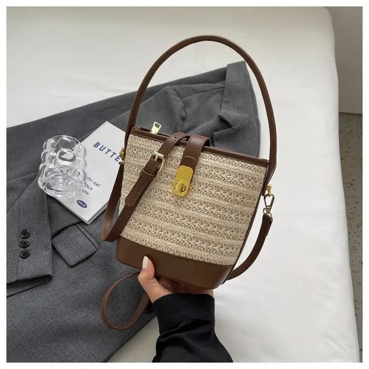 Women Straw Bag Brown Gold Plated Single Shoulder — feature 34