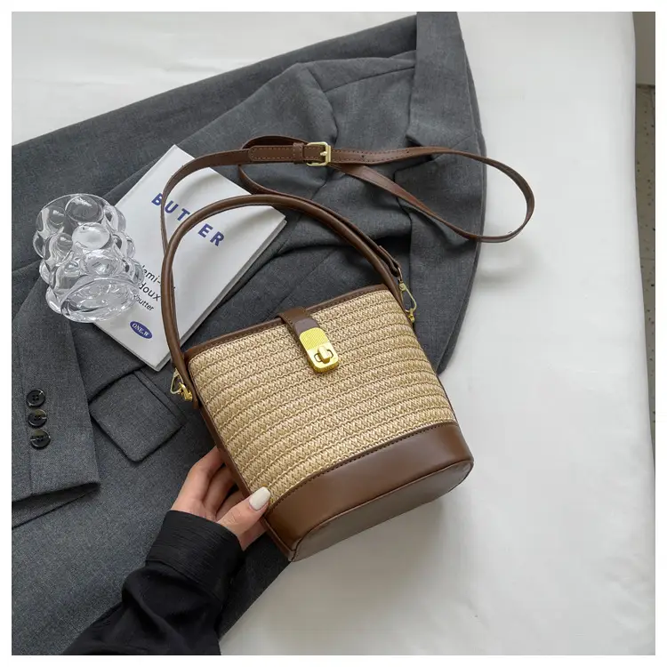 Women Straw Bag Brown Gold Plated Single Shoulder — feature 35