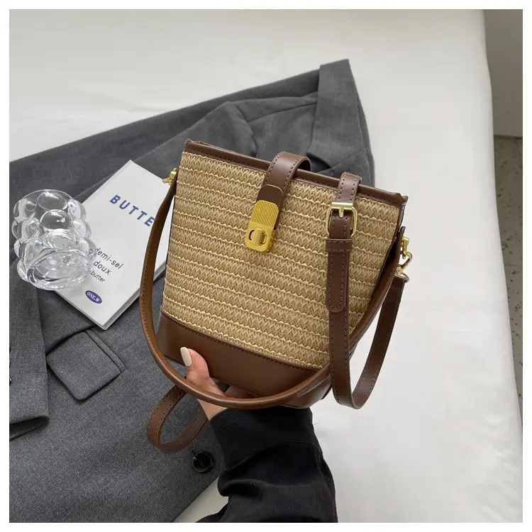 Women Straw Bag Brown Gold Plated Single Shoulder — feature 37