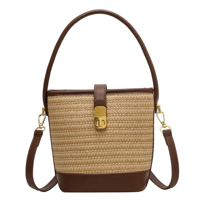Women Straw Bag Brown Gold Plated Single Shoulder - Image 2