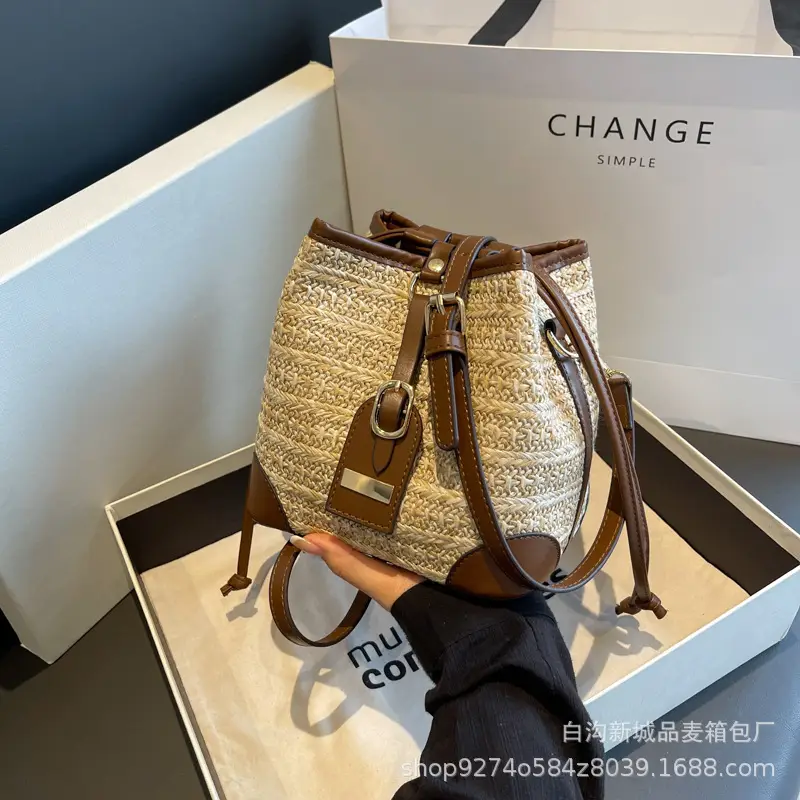 Women Woven Bucket Bag Straw Color-Blocking 2026 - Image 4