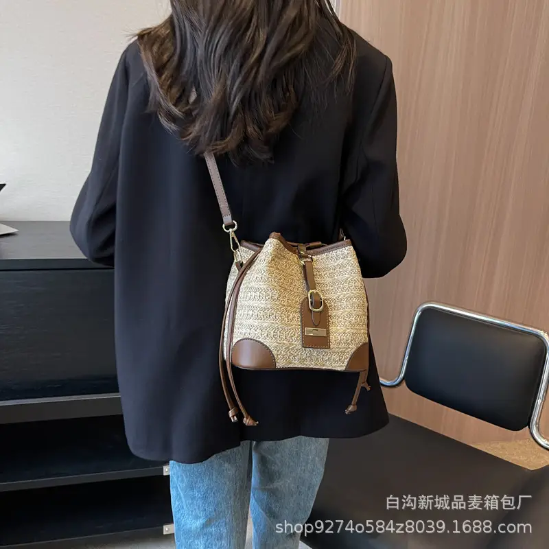 Women Woven Bucket Bag Straw Color-Blocking 2026 - Image 6