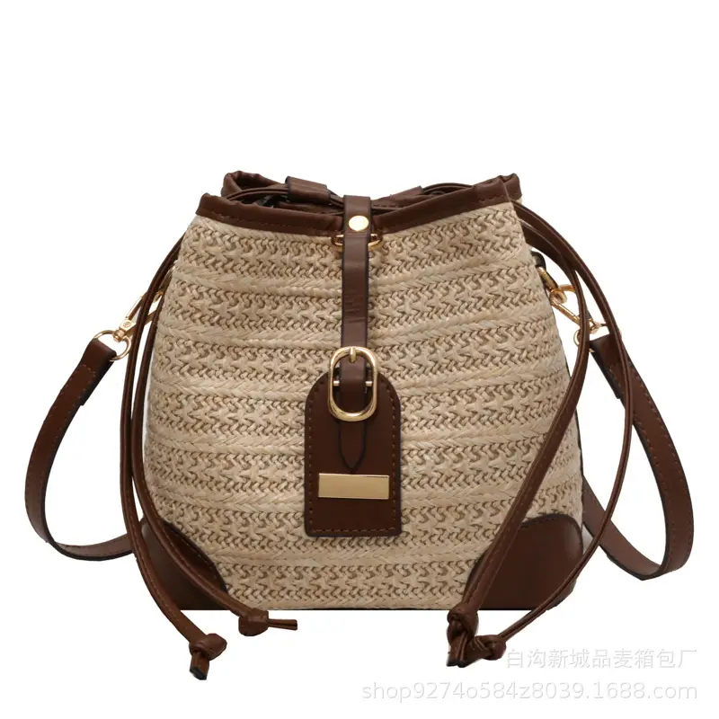 Women Woven Bucket Bag Straw Color-Blocking 2026 - Image 7