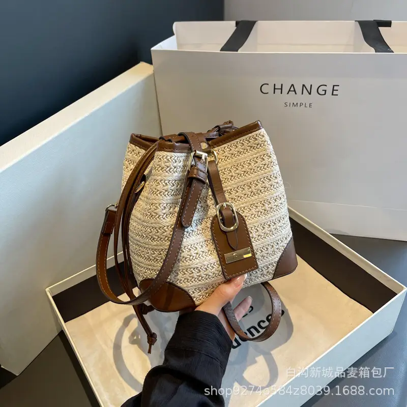 Women Woven Bucket Bag Straw Color-Blocking 2026 - Image 2