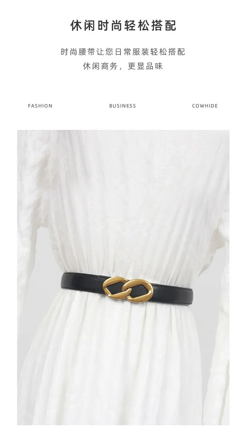 Women's Black Leather Belt with Gold Chain Buckle — feature 28