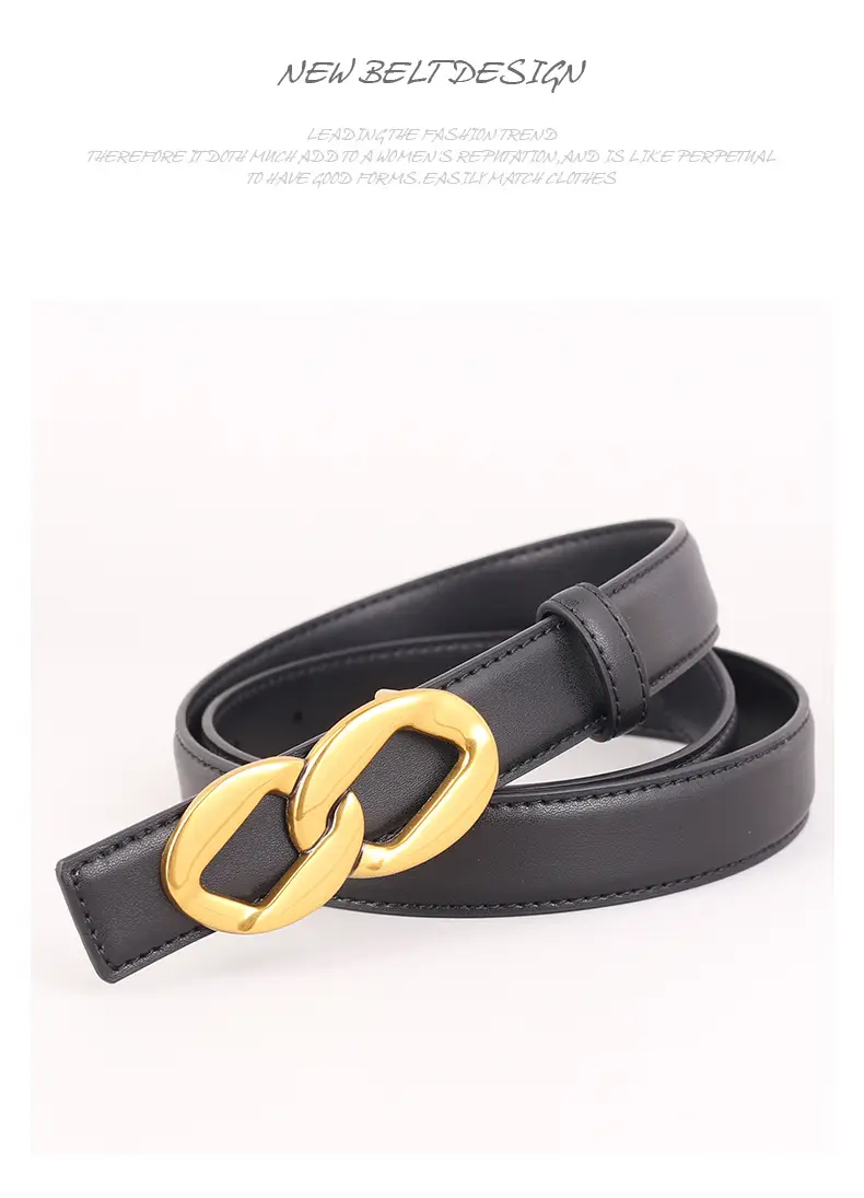 Women's Black Leather Belt with Gold Chain Buckle — feature 38
