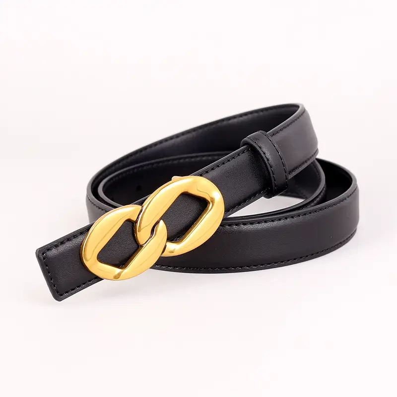 Women's Black Leather Belt with Gold Chain Buckle