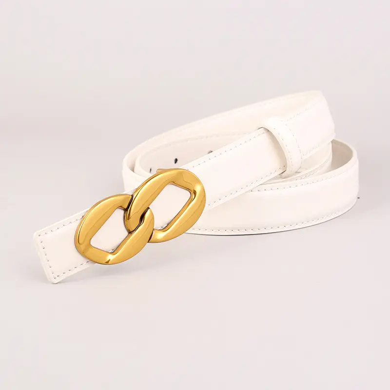 Women's Black Leather Belt with Gold Chain Buckle - Image 2