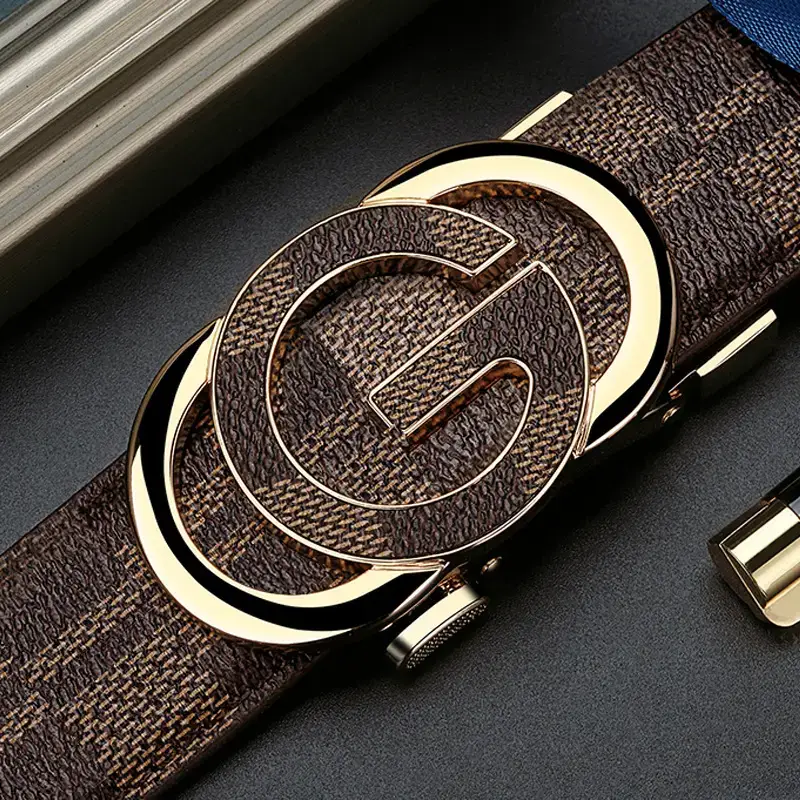 Men's Gold Logo Leather Belt with Automatic Buckle - Image 1