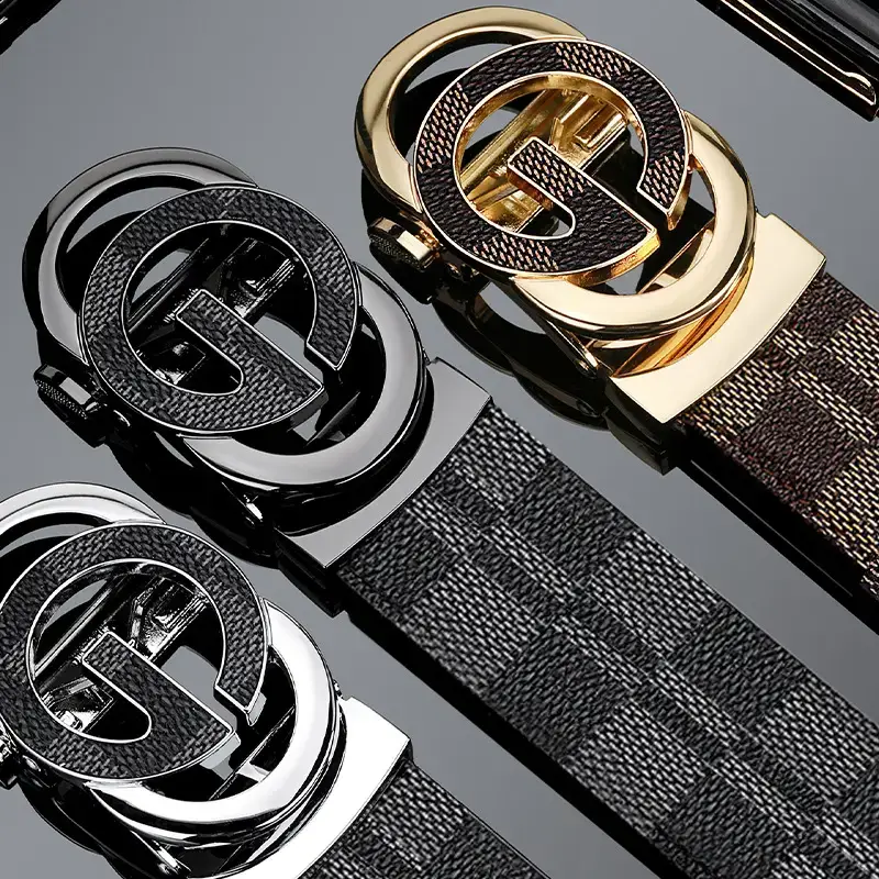 Men's Gold Logo Leather Belt with Automatic Buckle - Image 5