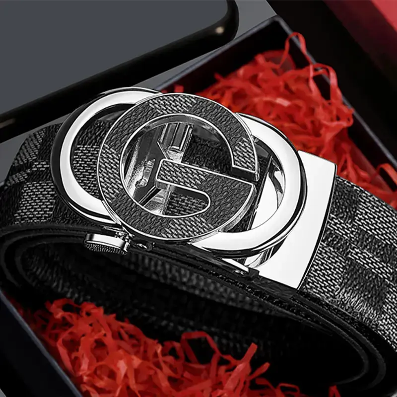 Men's Gold Logo Leather Belt with Automatic Buckle - Image 6