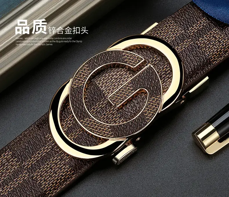 Men's Gold Logo Leather Belt with Automatic Buckle β feature 1