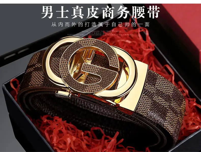 Men's Gold Logo Leather Belt with Automatic Buckle β feature 3