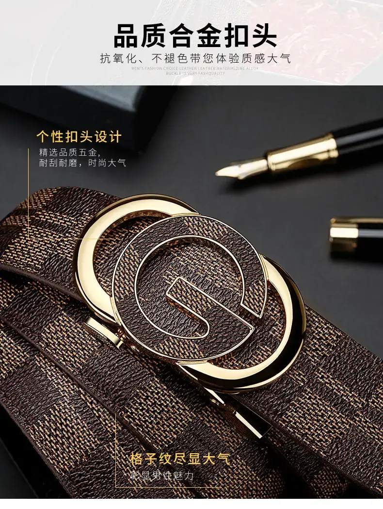 Men's Gold Logo Leather Belt with Automatic Buckle β feature 7
