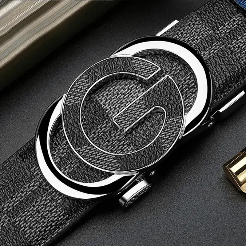 Men's Gold Logo Leather Belt with Automatic Buckle - Image 2