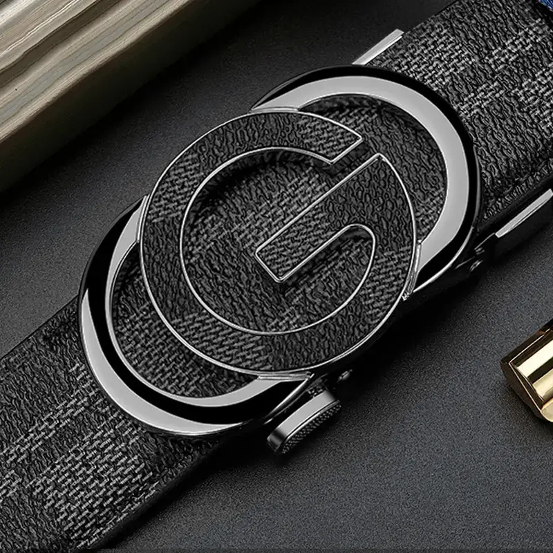 Men's Gold Logo Leather Belt with Automatic Buckle - Image 3