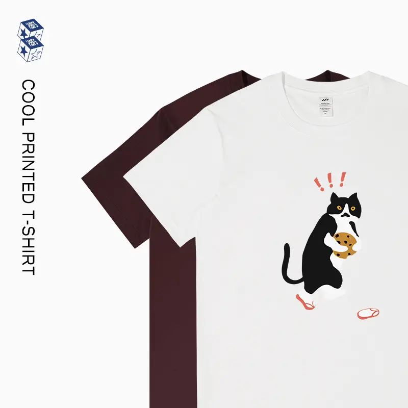 Men Printed Cat T-Shirt Light Blue Pure Cotton Loose Fit