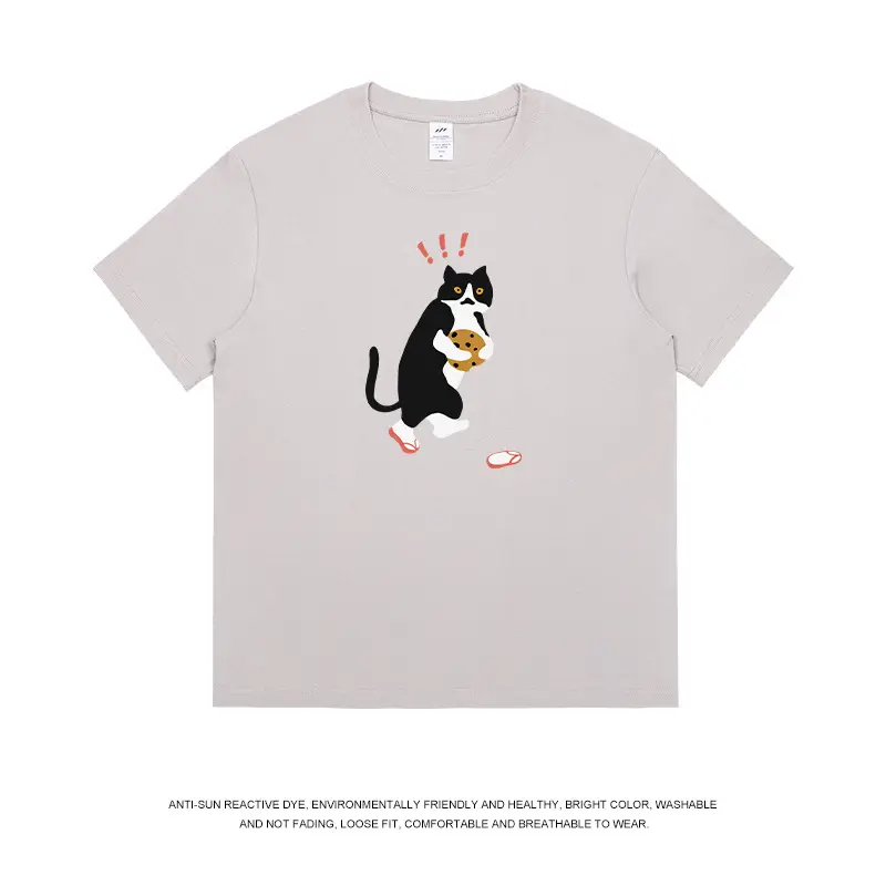 Men Printed Cat T-Shirt Light Blue Pure Cotton Loose Fit