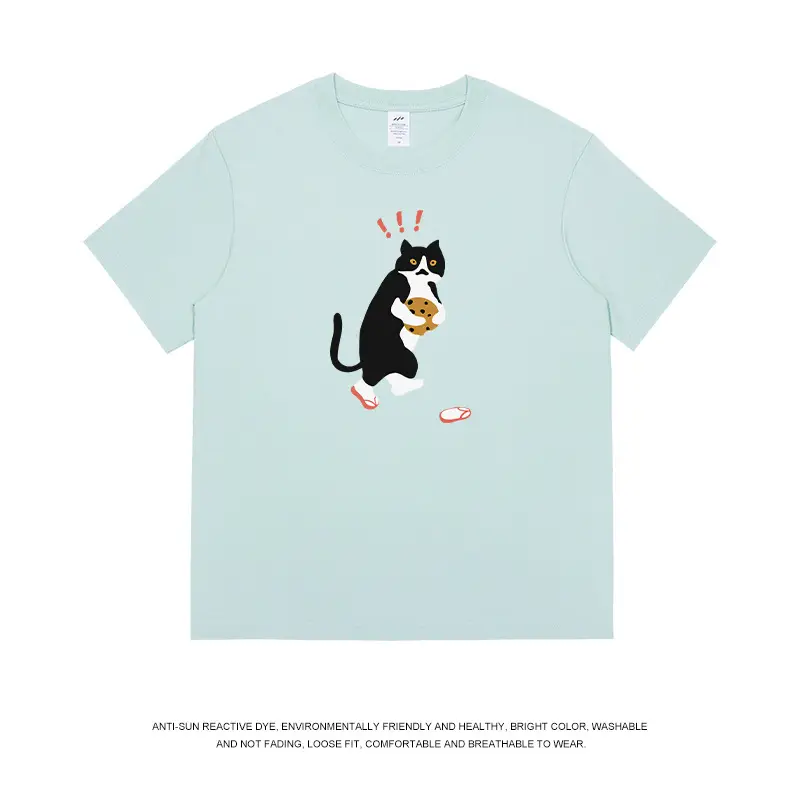 Men Printed Cat T-Shirt Light Blue Pure Cotton Loose Fit