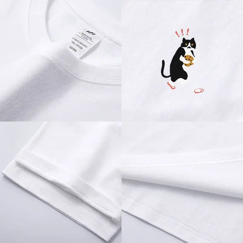 Men Printed Cat T-Shirt Light Blue Pure Cotton Loose Fit