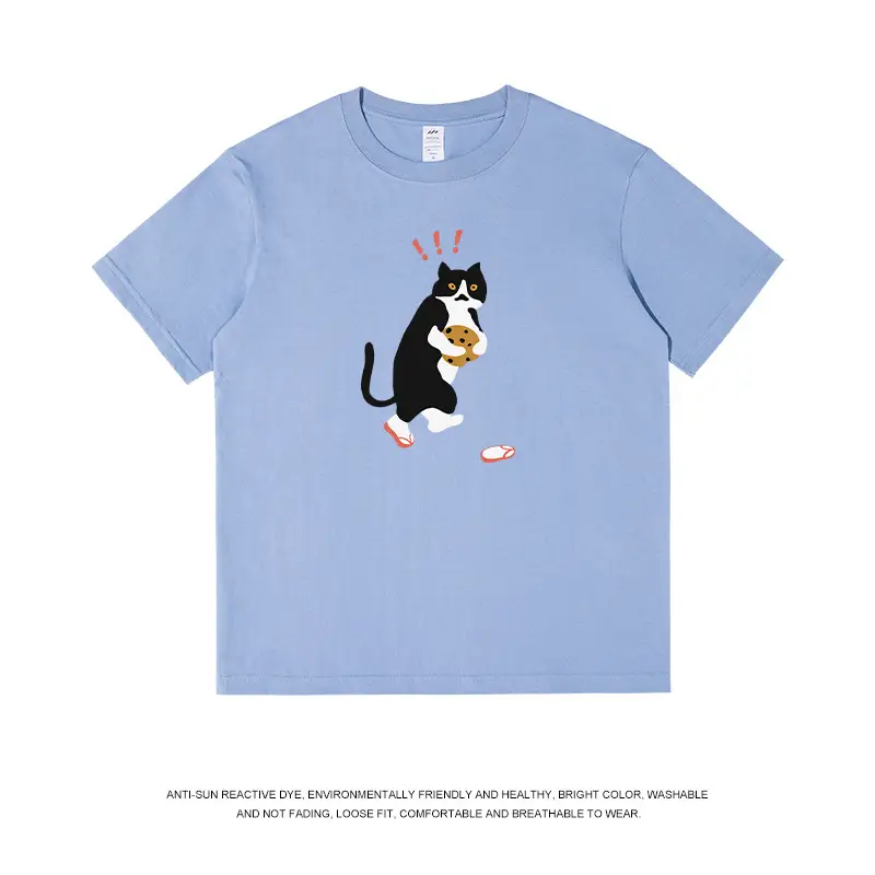 Men Printed Cat T-Shirt Light Blue Pure Cotton Loose Fit