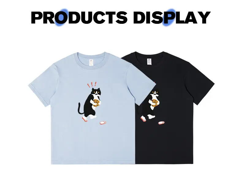 Men Printed Cat T-Shirt Light Blue Pure Cotton Loose Fit — feature 7