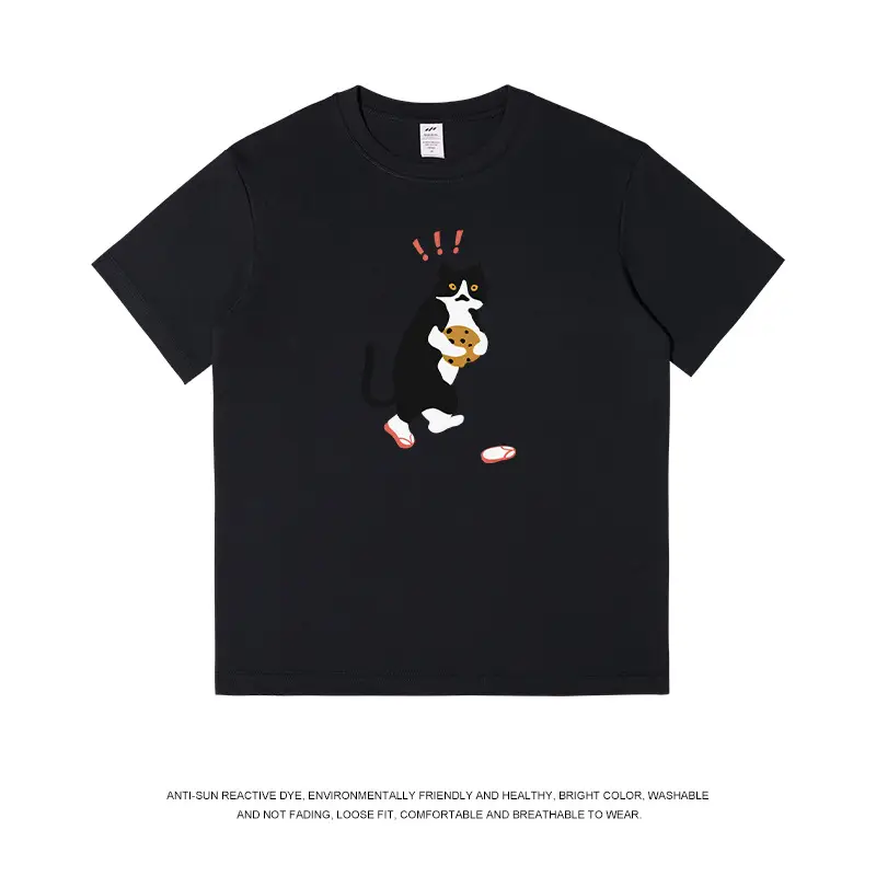 Men Printed Cat T-Shirt Light Blue Pure Cotton Loose Fit