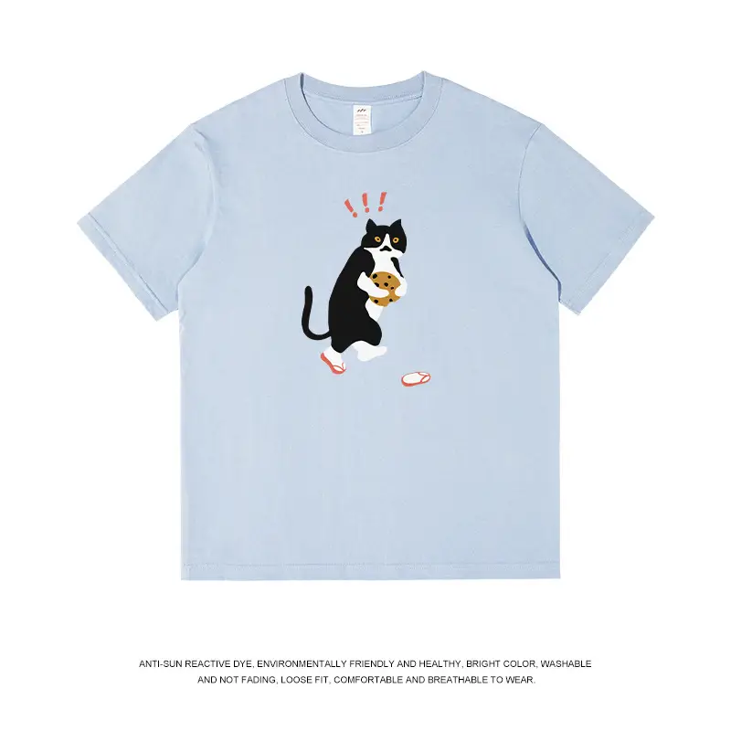 Men Printed Cat T-Shirt Light Blue Pure Cotton Loose Fit