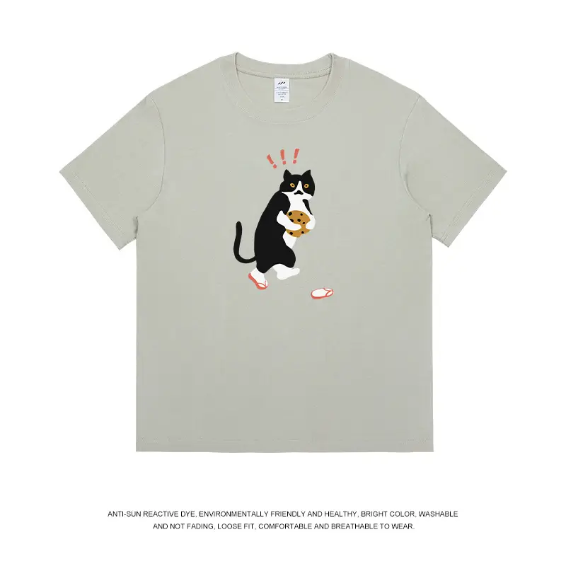 Men Printed Cat T-Shirt Light Blue Pure Cotton Loose Fit