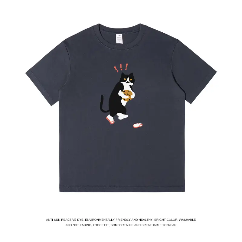 Men Printed Cat T-Shirt Light Blue Pure Cotton Loose Fit