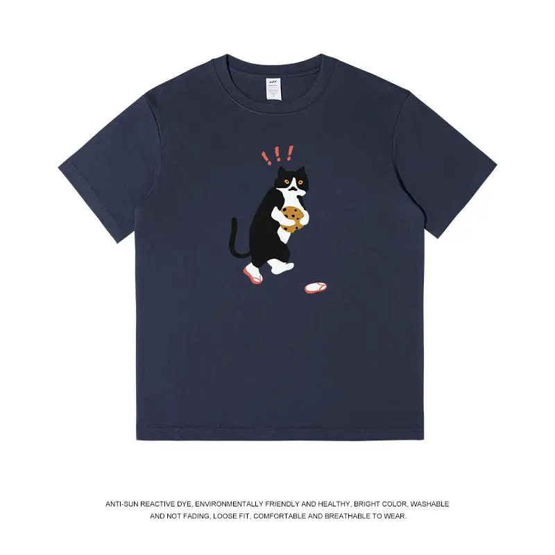 Men Printed Cat T-Shirt Light Blue Pure Cotton Loose Fit