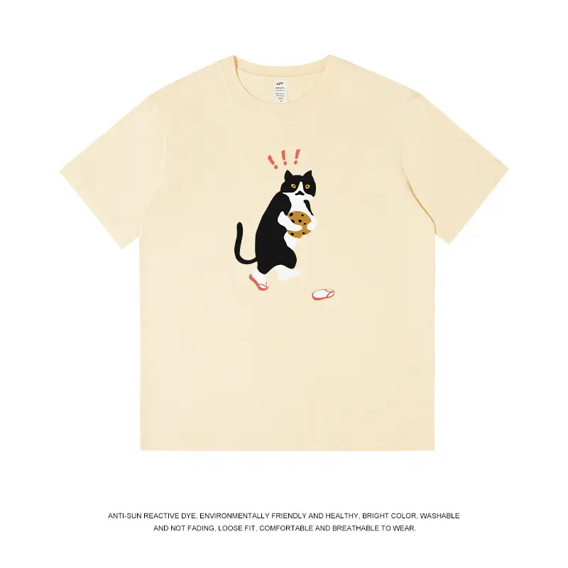 Men Printed Cat T-Shirt Light Blue Pure Cotton Loose Fit
