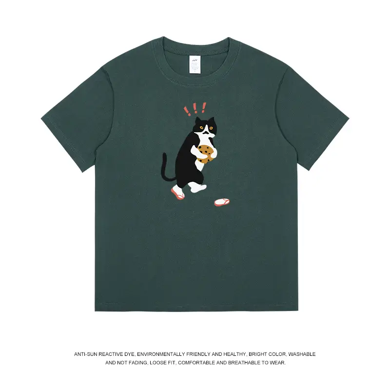 Men Printed Cat T-Shirt Light Blue Pure Cotton Loose Fit