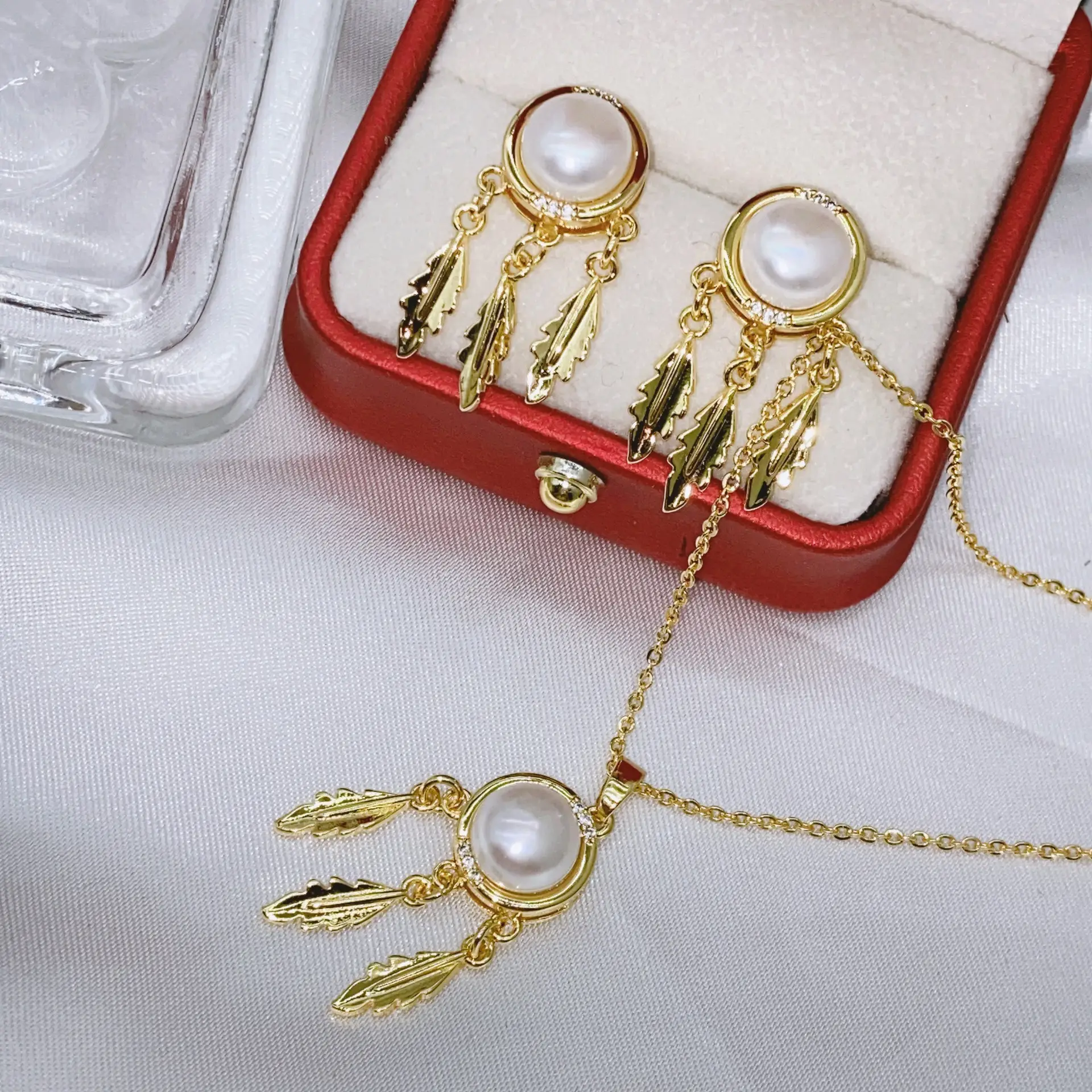 S925 Gold Pearl Dream Catcher Earrings Necklace Set - Image 9