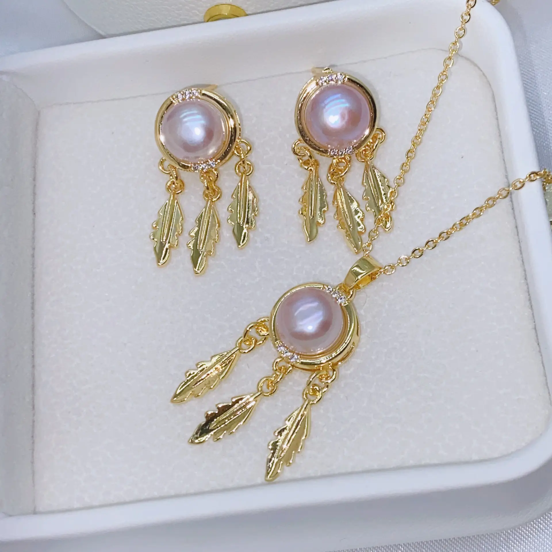 S925 Gold Pearl Dream Catcher Earrings Necklace Set - Image 10