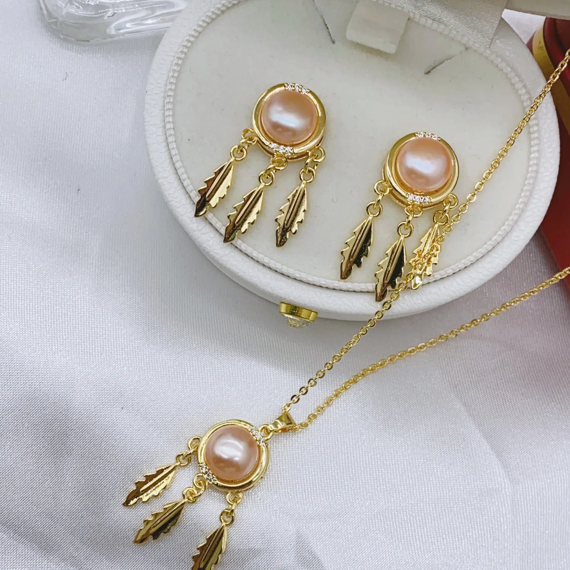 S925 Gold Pearl Dream Catcher Earrings Necklace Set - Image 11