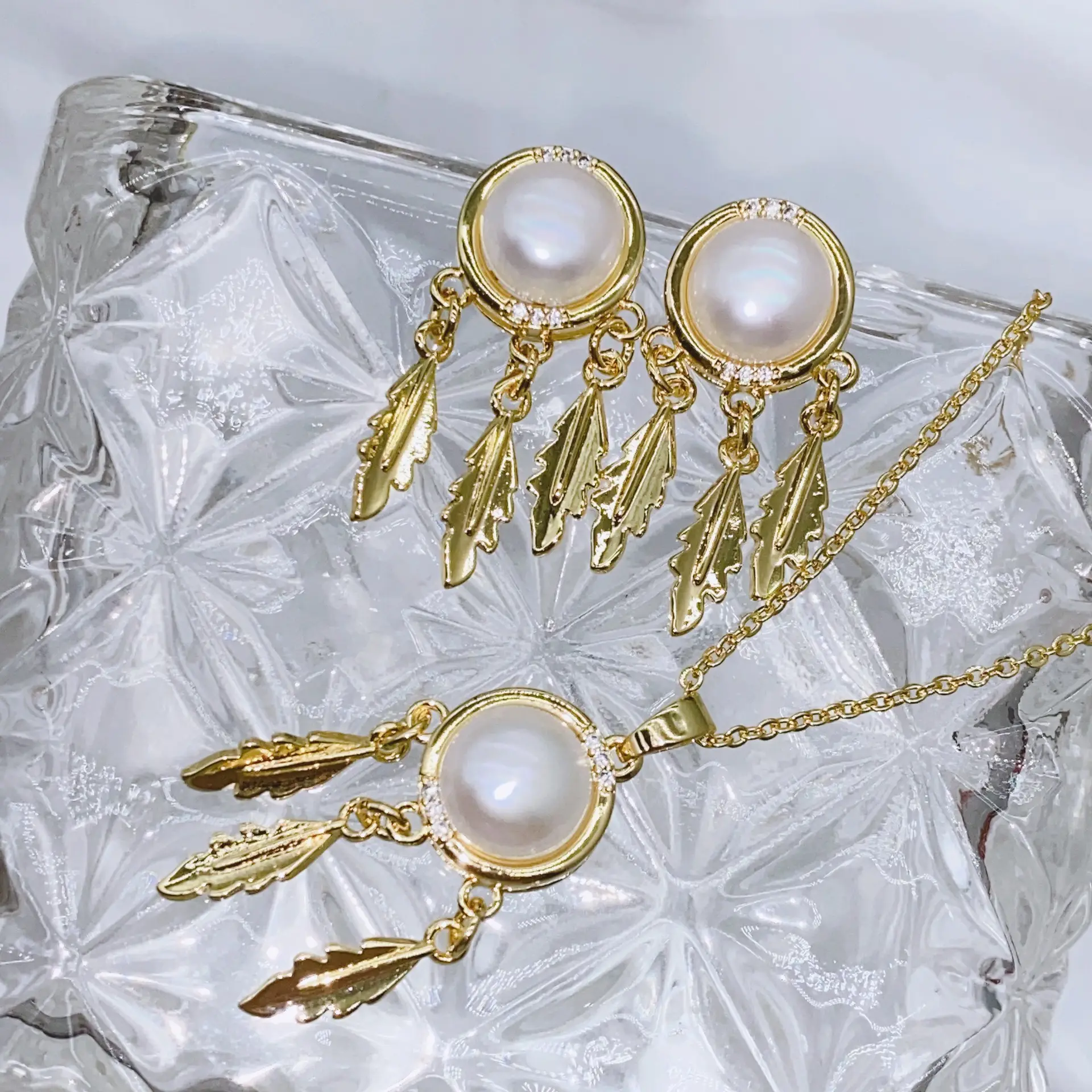 S925 Gold Pearl Dream Catcher Earrings Necklace Set — feature 15