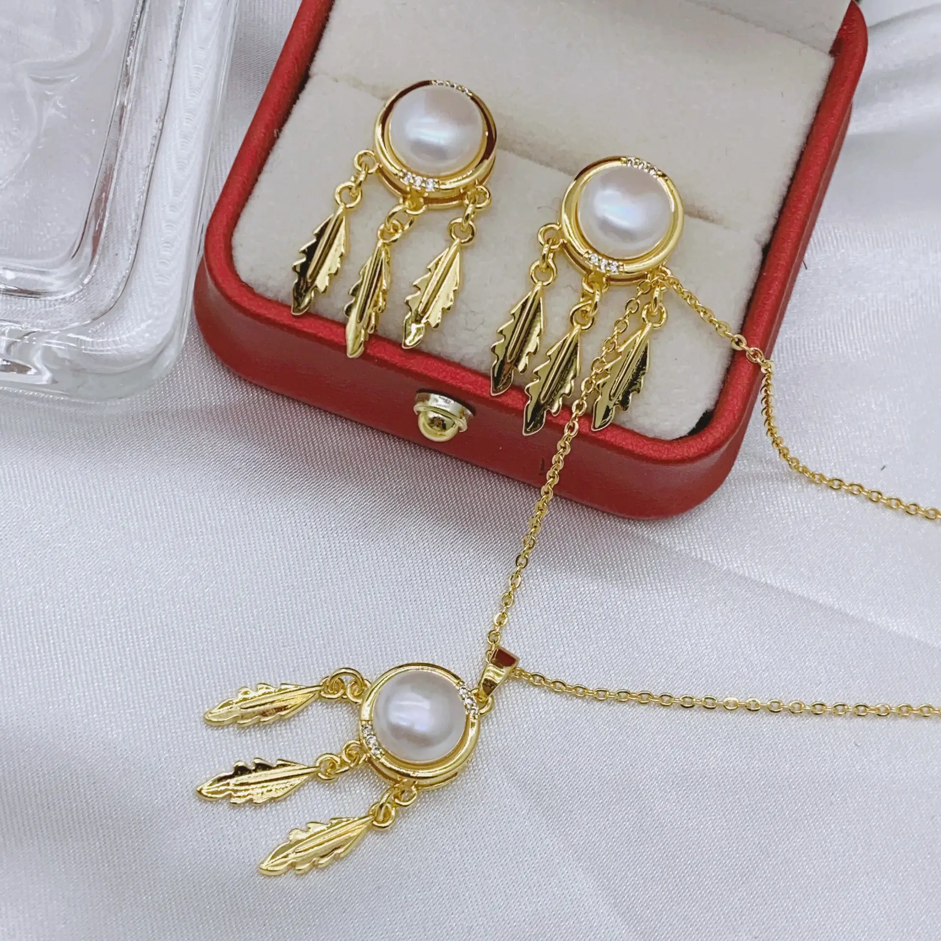 S925 Gold Pearl Dream Catcher Earrings Necklace Set — feature 7