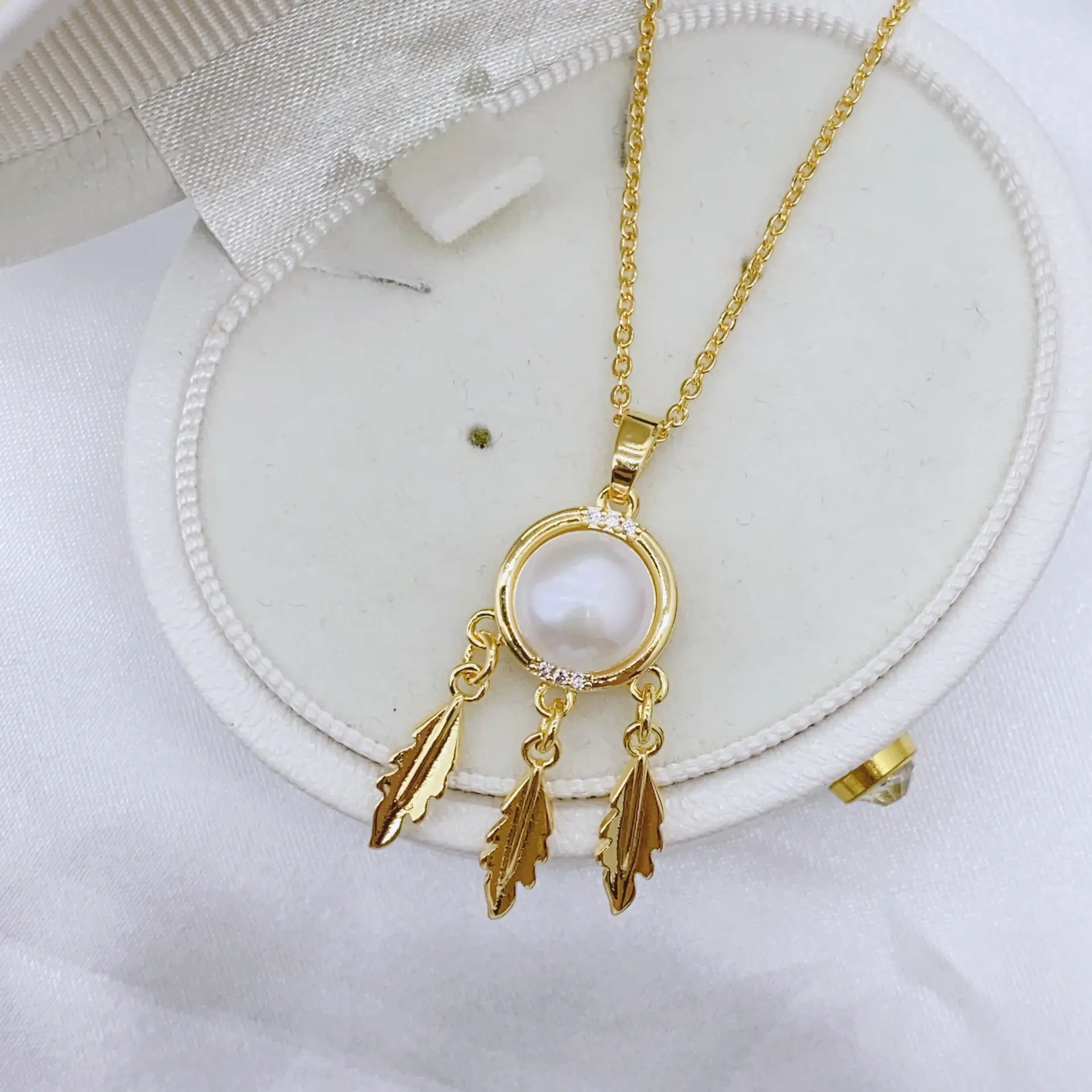 S925 Gold Pearl Dream Catcher Earrings Necklace Set - Image 2