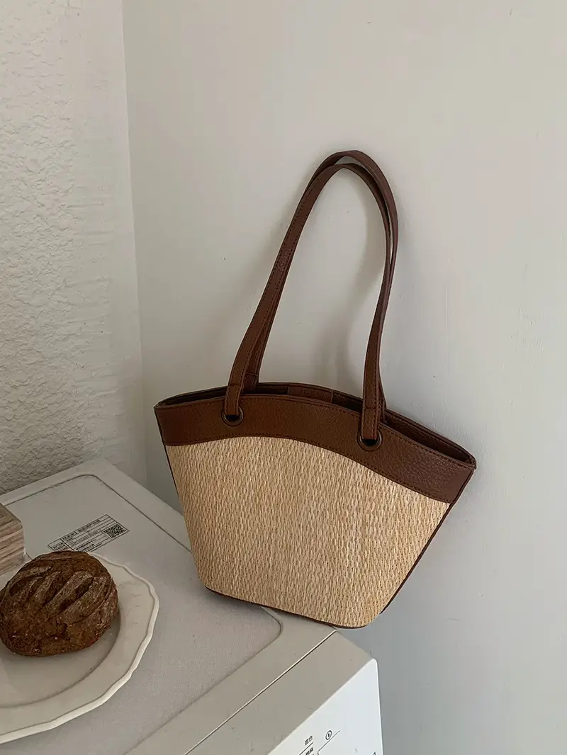 Women's Beige Straw Shoulder Bag with Black Strap - Image 3
