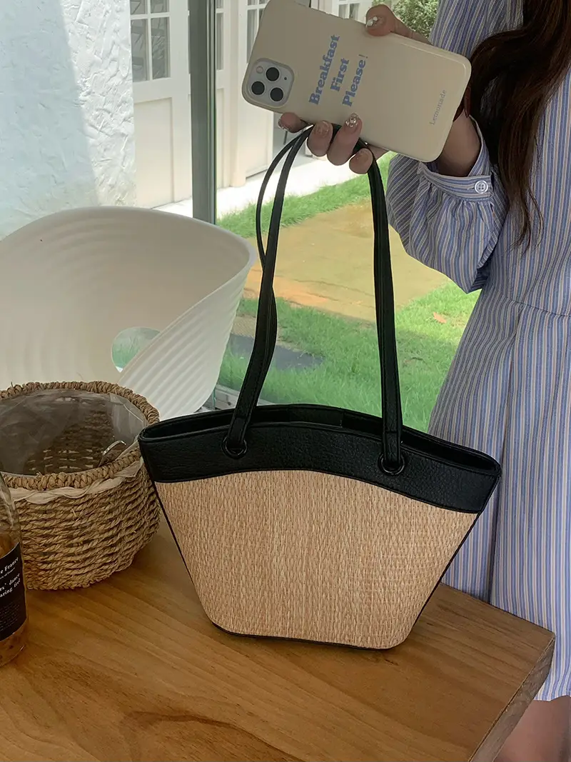 Women's Beige Straw Shoulder Bag with Black Strap - Image 2