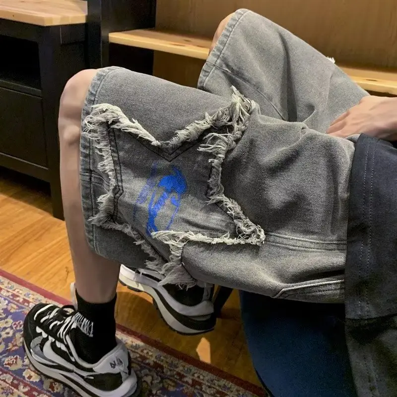 Men Denim Shorts with Embroidered Star Design - Image 4