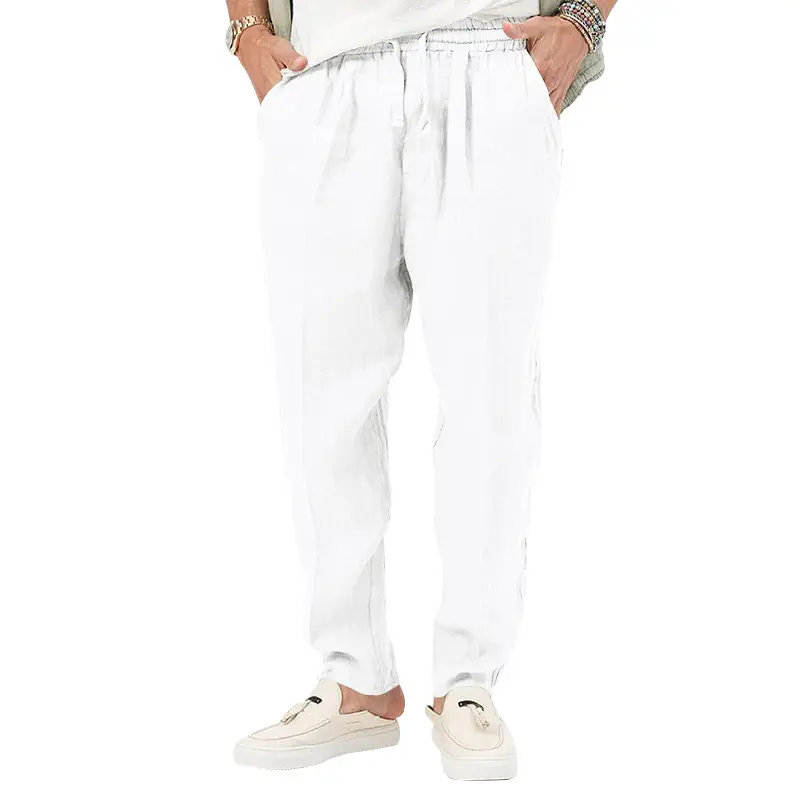 Men's White Drawstring Cotton Linen Trouser Large - Image 10