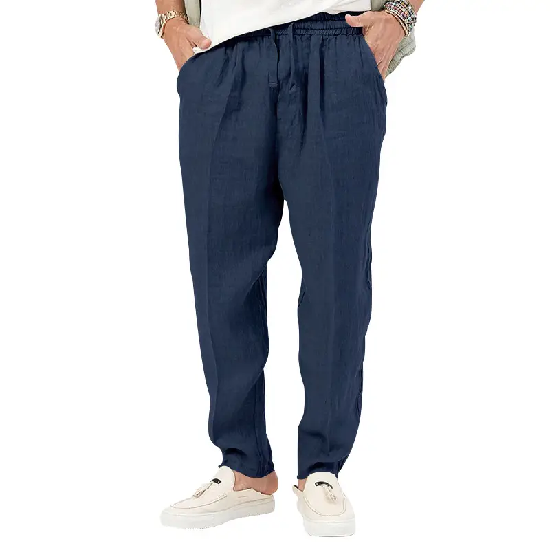 Men's White Drawstring Cotton Linen Trouser Large - Image 11