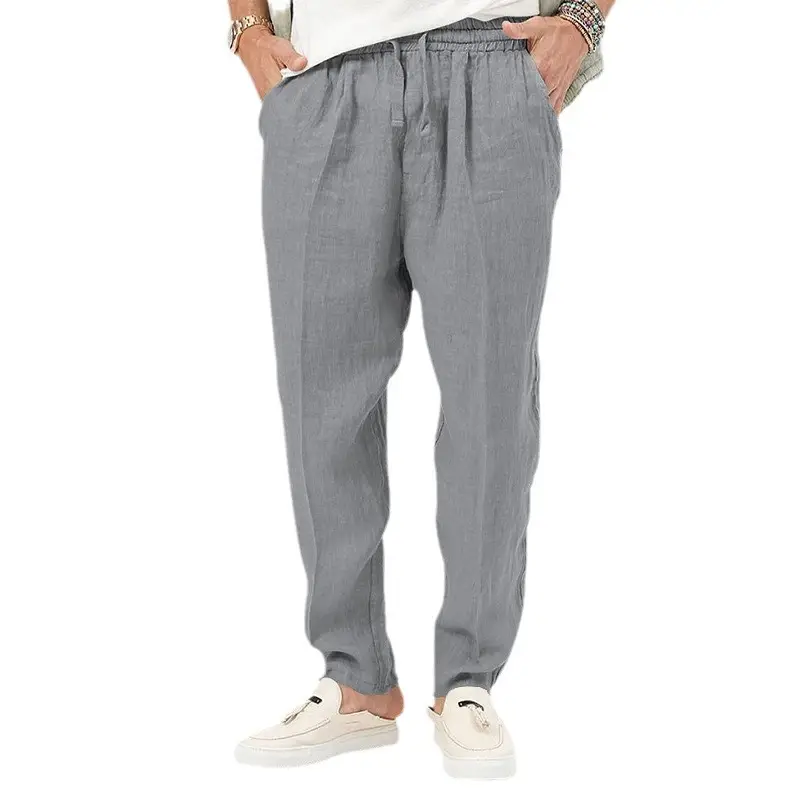 Men's White Drawstring Cotton Linen Trouser Large - Image 13